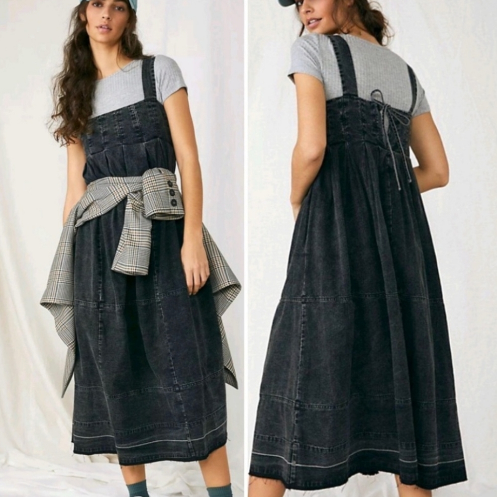 Free People Maxi Midi Denim Dress Jumper Pretty In Pleats Black Babydoll…